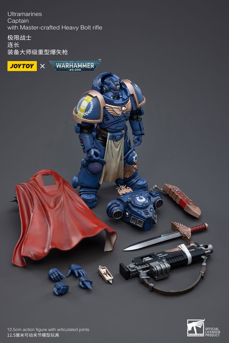 JoyToy Action Figure Warhammer 40K Ultramarines Primaris Captain Ptolias Corvor with Master Crafter Heavy Bolt Rifle